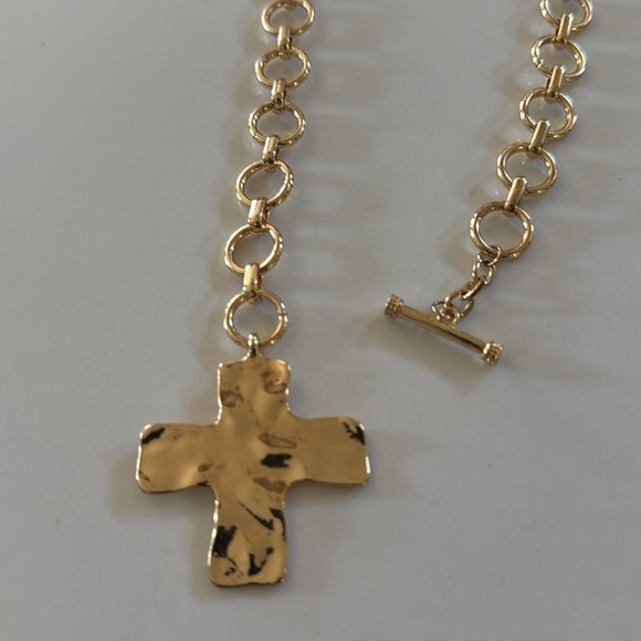 Gold Boho Chunky Hammered Cross Pendant Necklace - Picture 5 of 8